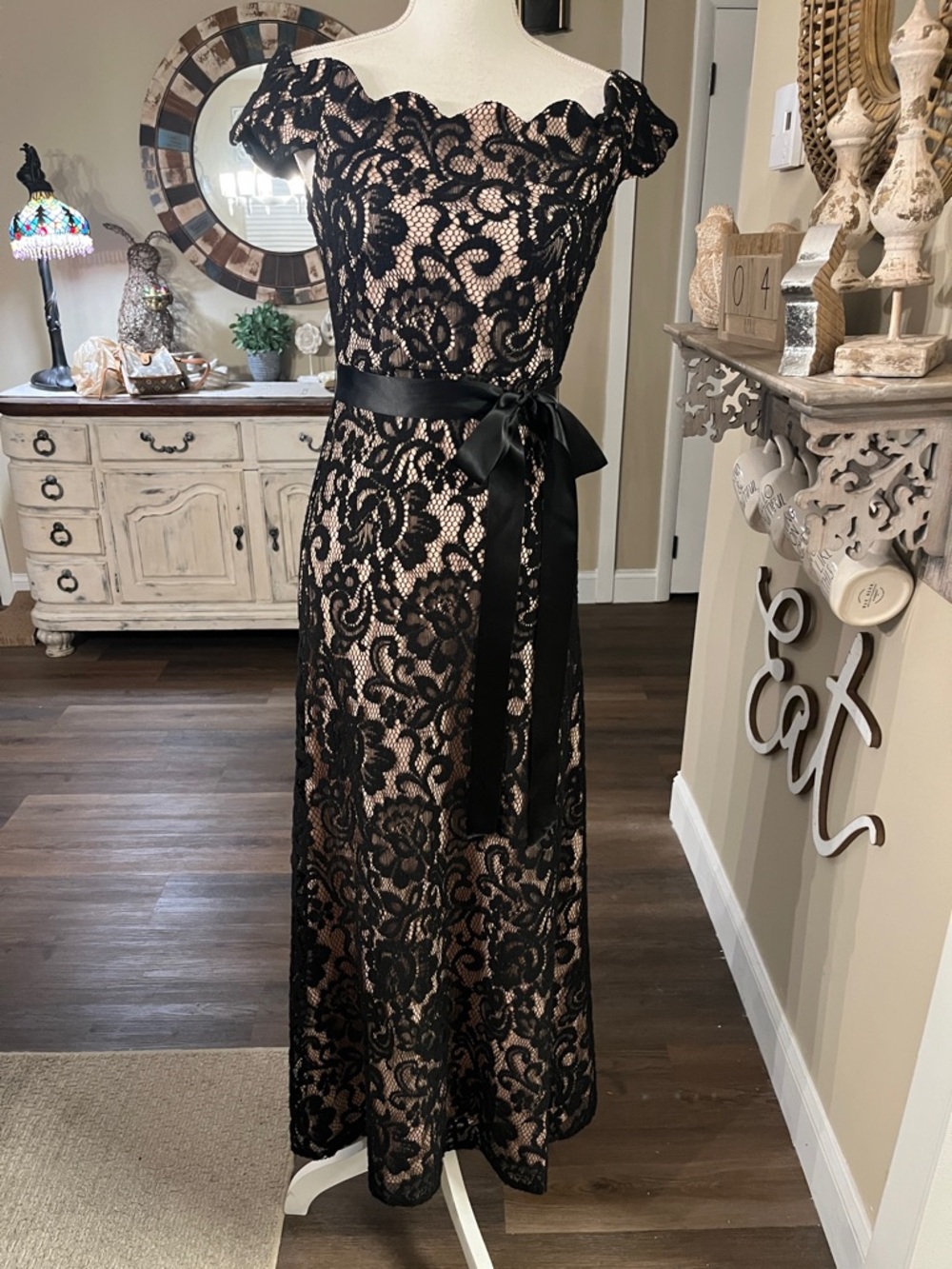 Betsy & Adam Black Lace Overlay Maxi Dress with Nude Lining